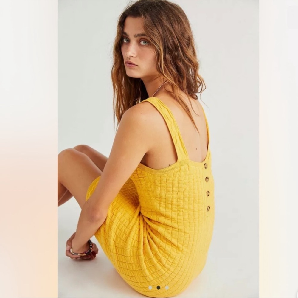 NWT Free People FP Beach Textured Tank Bodycon Dress w Button Back Gold Yellow